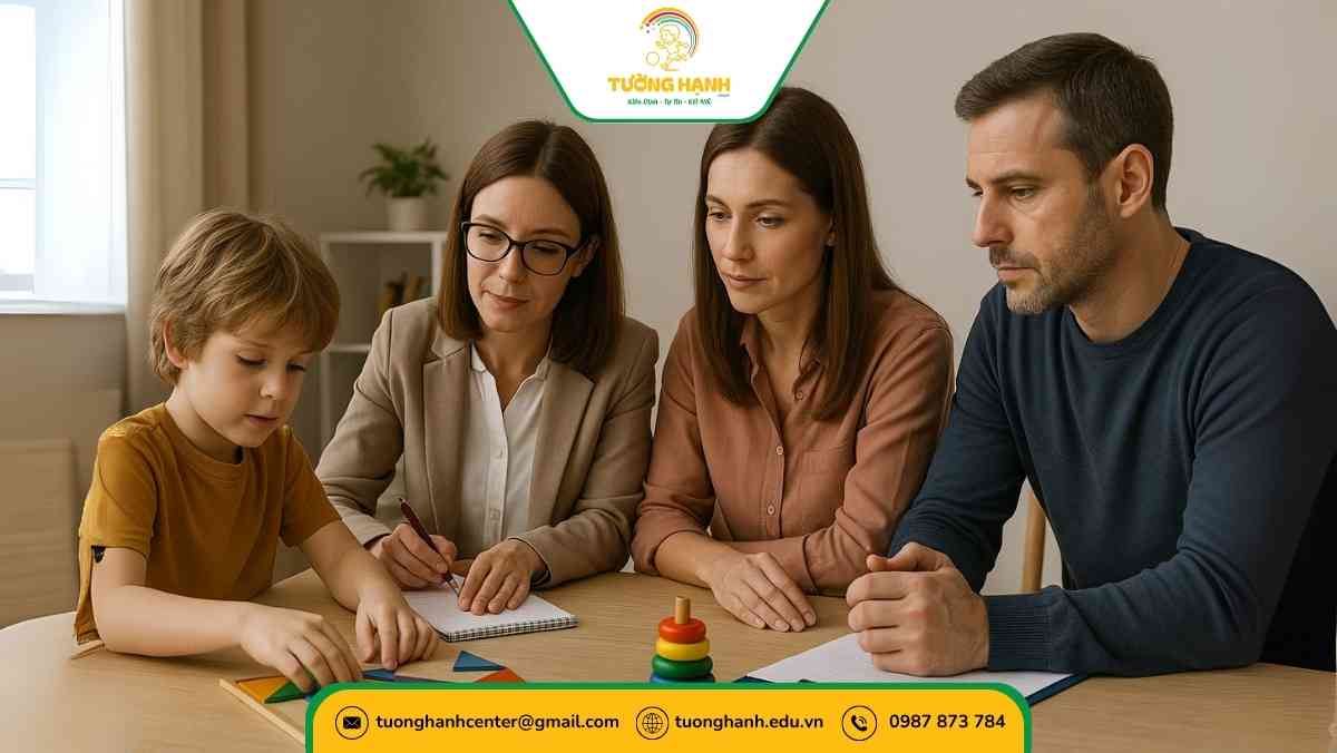 Hình ảnh chuyên gia và phụ huynh hỗ trợ trẻ ADHD phát triển kỹ năng