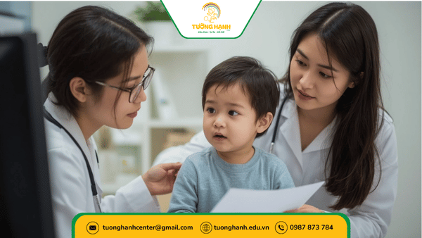 Bác sĩ kiểm tra khả năng nói của bé cùng mẹ trong phòng khám.