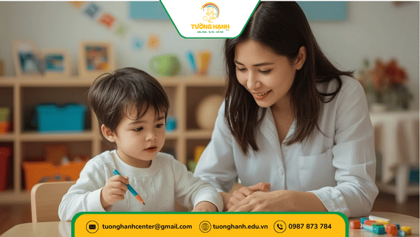 Bé được chuyên gia trị liệu ngôn ngữ hướng dẫn tại phòng khám.