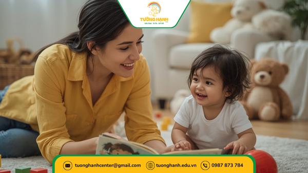 Mẹ trò chuyện cùng bé để kiểm tra phản ứng ngôn ngữ.